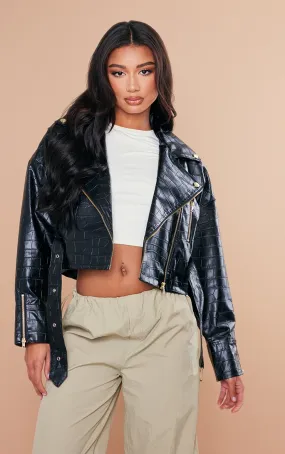 Black Croc Effect Oversized Perfecto Jacket.